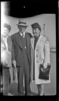 Frances West Wells, H. H. West and Frances Cline Greene pose on the platform at Glendale Southern Pacific Railroad Depot, Glendale, 1944