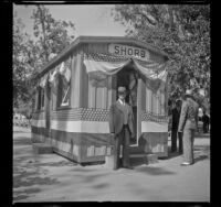James A. Day poses outside Shorb Station at the Southern Pacific Railroad employee picnic, Los Angeles, 1945