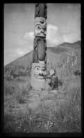 Totem pole outside Saxman Totem Park, viewed close-up, Saxman, 1946