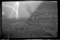 Dog kennels stand in a meadow along the roadside, Denali National Park and Preserve, 1946