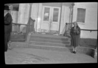 Mertie West poses outside the post office, Cordova, 1946