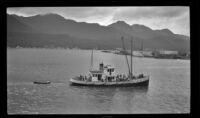 Gastineau Channel, a boat and Douglas Island, viewed from a ship, Juneau, 1946