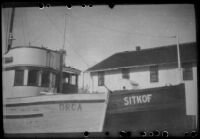 Two fishing boats moored in Orca, Cordova, 1946