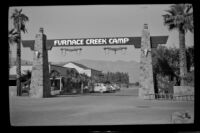 Entrance sign posted in front of Furnace Creek Camp, Death Valley National Park, 1947