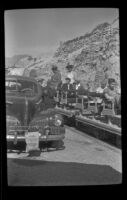 Wes Witherby, Dode Witherby, Zetta Witherby and Mertie West board the narrow gauge train in Ryan, Death Valley National Park vicinity, 1947