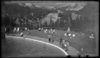Swimming pool at Banff Springs Hotel, viewed from a rooftop, Banff, 1947