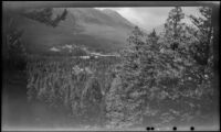 Distant view of Bow River Valley and bridge to Banff, Banff, 1947
