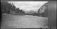 View looking downstream along the Bow River and through the Bow River Valley, Banff, 1947