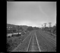 Tracks at a small station between Kamloops and Jasper, Jasper en route, 1947