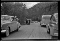 Visitors traveling between Lake Louise and Banff stop to look at goats on a mountainside, Banff National Park, 1947