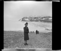 Mertie West poses in front of a glacier in the Columbia Icefield, Alberta, 1947