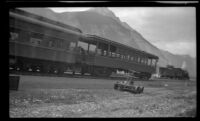 Observation car on a Canadian Pacific Railway train sitting on the tracks, British Columbia vicinity, 1947