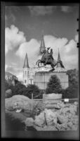 "Andrew Jackson," by Clark Mills, standing in Jackson Square and in front of St. Louis Cathedral, New Orleans, 1947