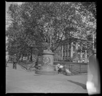 Nathan Hale statue at the north end of City Hall Park, New York, 1947