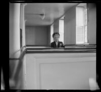 Mertie West sitting in George Washington's pew at Christ Church, Alexandria, 1947