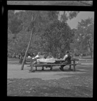 Visitors lunch at picnic tables in Lincoln Park while attending the Iowa State Picnic, Los Angeles, 1948