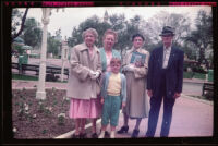 Debbie West, Mertie West, Anna West, Dode Witherby and Will Witherby at Disneyland, Anaheim, 1957