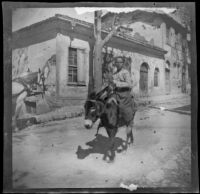 Man riding a donkey on a street in a town, Turkey, 1895