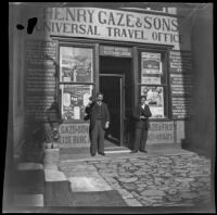 Two clerks in front of the Henry Gaze & Sons Universal Travel Office, Turkey, 1895