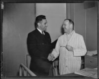 James Van Zandt shakes hands with a fellow war veteran, Los Angeles, 1936