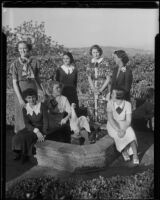 Carol Huesman, Margaret Franco, Gloria Bergin, Mary Franco, Patricia Kelly, Marilyn Mogan and Mary Lamon gather at the home of Mrs. Nurma W. Huesman, Los Angeles, 1936