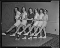 Junior League members Gabrielle Wright, Peggy Morris, Elizabeth Anne Fullerton, Hortense Cunningham, Helen Sterling, and Gwenllian Hamblin rehearse their dance moves, Pasadena, 1936