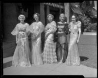 Mrs. D. B. Young, Evelyn Hand, Spencer Farrow, Betty Grimwood, and Louise R. Hines wearing fashion gowns, Los Angeles, 1936