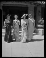 Mrs. R. M. Fleming, Calista M. MacCoy, Mrs. F. R. Hermann, and Armenia Pearl Hege participate in a fashion show, Los Angeles, 1936