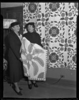 Club members Miriam Leavitt and Rhea Stockwell display quilts, Los Angeles, 1936