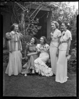 Cosmos Club Juniors Marian Campbell, Dorothy Duncan, Rosemary Perrins, Beatrice Wagner, and Jane Brown aim to raise money, Hollywood, 1936
