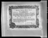 Copy of Rev. Fulton Oursler, D. D.'s Bishop at Large degree issued by the Spiritual Psychic Science Church, 1936