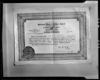 Copy of Fulton Oursler's Certificate of Ordination issued by the Spiritual Psychic Science Church, 1936