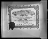 Copy of Rev. Edward Saint, D. D.'s diploma and certificate of philosophy issued by the Spiritual Psychic Science Church, 1936
