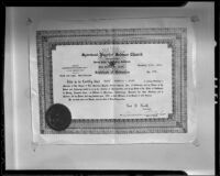 Copy of Henry Bedford-Jones' Certificate of Ordination issued by the Spiritual Psychic Science Church, 1936