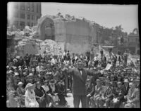 Marshall Stimson speaking to the crowd at cornerstone unveiling, Los Angeles, 1936