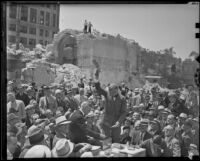 Joseph Mesmer and Marshall Stimson opening box sealed in cornerstone of 1888 County Courthouse, Los Angeles, 1936