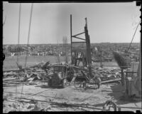 Wreckage of an oil derrick after a storm, Signal Hill, 1936