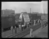 Giant 200-inch telescope lens arrives from New York to San Bernardino, 1936