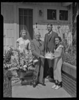 Patricia Williams, W. W. Smith, Gardiner W. Spring, and Connie Sturges, celebrating W. W. Smith's birthday, Ontario, 1936