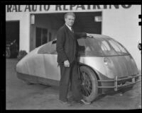 Dr. Calvin B. Bridges with his newly designed automobile, Pasadena, 1936
