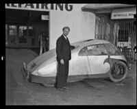 Dr. Calvin B. Bridges with his newly designed automobile, Pasadena, 1936