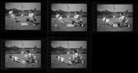 Al Berry and Marjorie Farrington play softball, Los Angeles, 1936