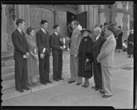 Leonard Hilborne, Rosamond Coyner, Douglas Badt, and Leonard Hoffman meet with A. Richman, Mrs. J. B. T. Campbell, Clem S. Glass, and Warren L. Strickland upon winning the second annual Mayflower Society oratory contest, Los Angeles, 1936