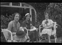Willametta Keck, Lela Coursen Gates, and Elizabeth Anne Fullerton discussing plans for the Children's Horse Show, Pasadena, 1936