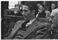 Radio promoter Bayard E. Weibert being tried for grand theft and violating the Corporate Securities Act, Los Angeles, 1936