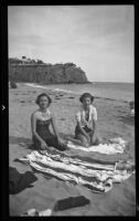 Elinor Jordan and Virginia Bent at the beach on Emerald Bay, Laguna Beach, 1936