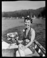 Lorraine Nelson laughing in the summer sun, Lake Arrowhead, 1936