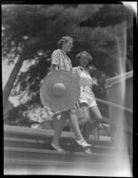 Mrs. Edward Ford, Jr. and Miss Nancy Bayly head toward the beach, Santa Barbara, 1936