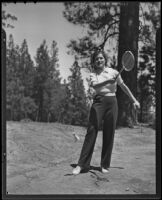 Audrey Briggs plays badminton most likely at Lake Arrowhead, 1936?