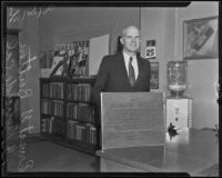 Ernest Gilman Button with the memorial plaque for Peyton C. March, Jr., Riverside, 1936